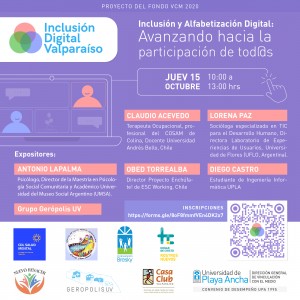 Les invitamos a la jornada: "Avanzando hacia la Inclusión Digital en Valparaíso" 💻📲 proyecto adjudicado con el fondo de VCM de la UPLA, el cual nos encontramos desarrollando junto a escuelas de dicha institución y organizaciones de la comuna.  🖐La cita es para mañana jueves 15/10 de 10.00 a 13.00 hrs.  👉Para mayor información seguir a: @inclusiondigitalvalpo 